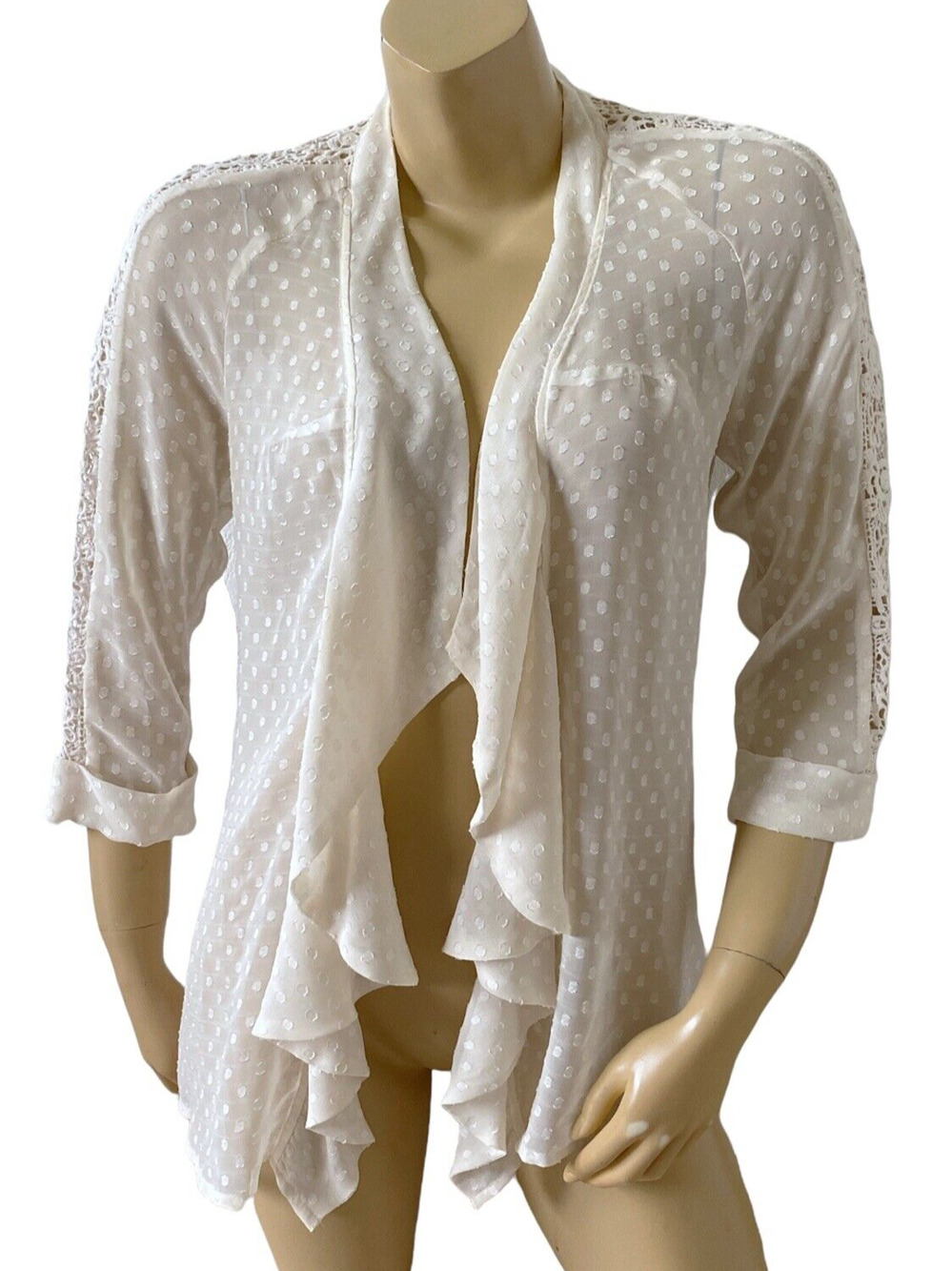 Daniel Rainn Top Womens S Cream Sheer Drape Open Front Crochet Lace 3/4 Sleeve